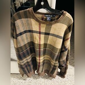 NAUTICA, Men’s Vintage Striped Knit Sweater in Brown and Red, Size Large